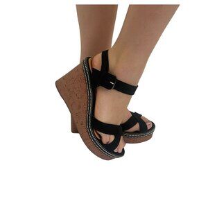 High sandals for women, black color, size 38, PU material.